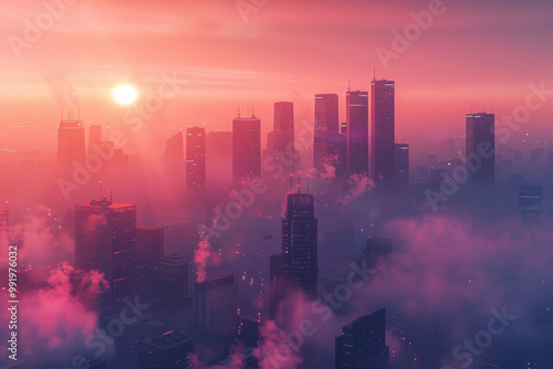 A city skyline with a pinkish hue and a sun in the background