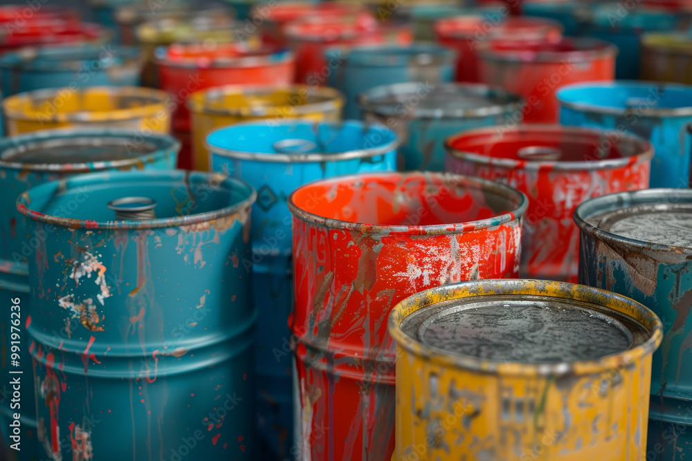 A row of old, rusted barrels are stacked on top of each other A row of old, rusted barrels are stacked on top of each other