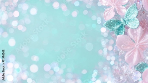 Enchanting light strands transition from green to turquoise, accented by shimmering blue bokeh against a deep black backdrop