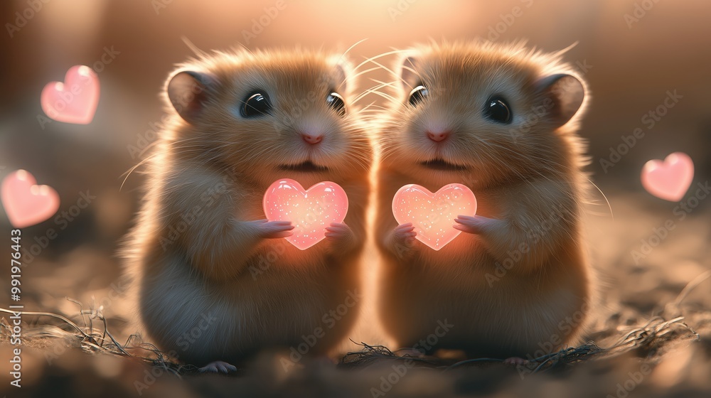Two adorable chubby hamsters share a glowing pink heart surrounded by floating hearts in a whimsical setting Two adorable chubby hamsters share a glowing pink heart surrounded by floating hearts in a whimsical setting