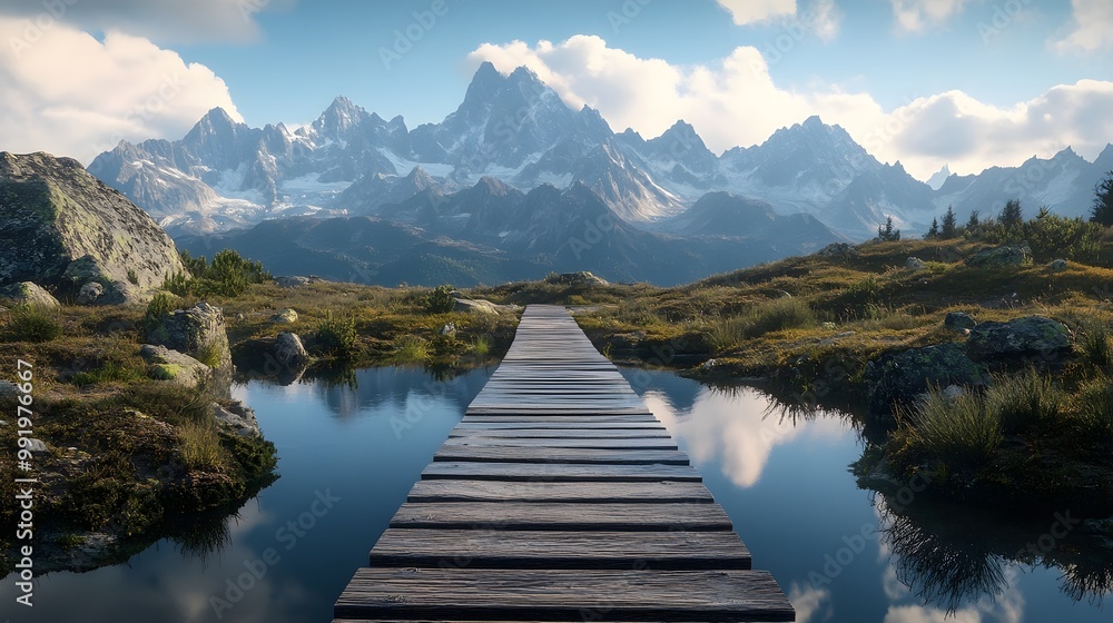 Picturesque wooden pathway mirrored perfectly in calm wa image Picturesque wooden pathway mirrored perfectly in calm wa image