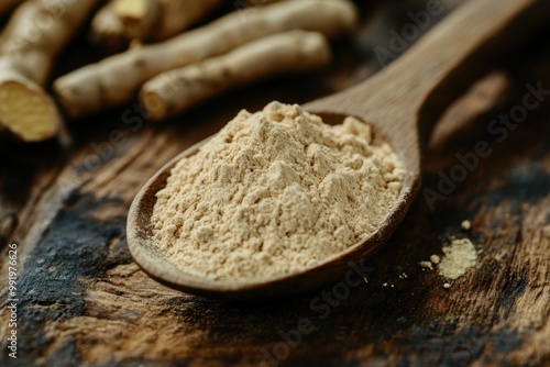 herbal health benefits, ashwagandha root powder close-up with spoon for boosting energy, vitality, holistic health ideal for wellness promotion photo