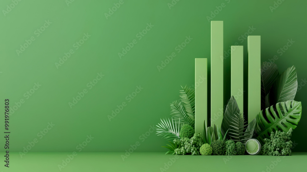 Energy consumption analysis, green bars and charts with icons, 3D illustration Energy consumption analysis, green bars and charts with icons, 3D illustration