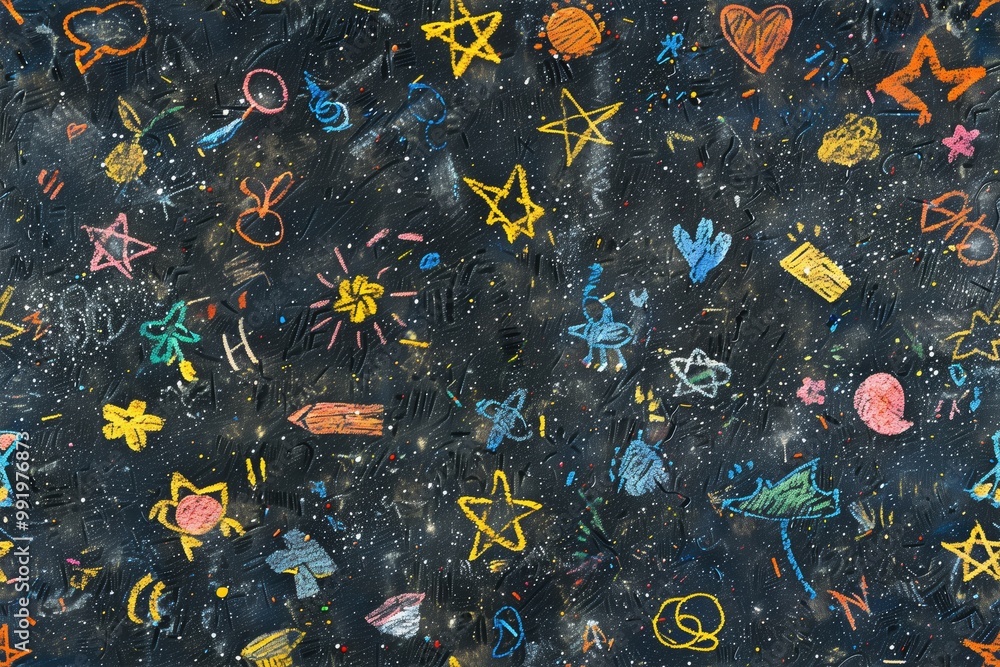 © Aleksander - A seamless colorful chalk drawing on a black background featuring various doodles like stars, hearts, flowers, and planets. The vibrant colors contrast against the dark surface. © Aleksander - A seamless colorful chalk drawing on a black background featuring various doodles like stars, hearts, flowers, and planets. The vibrant colors contrast against the dark surface.