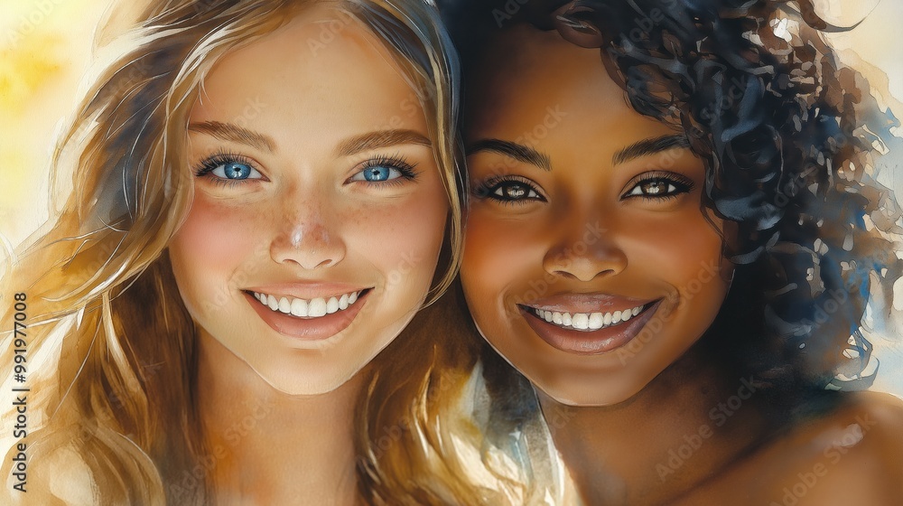 Two joyful women share their vibrant smiles in a sunny watercolor portrait filled with warmth and happiness Two joyful women share their vibrant smiles in a sunny watercolor portrait filled with warmth and happiness