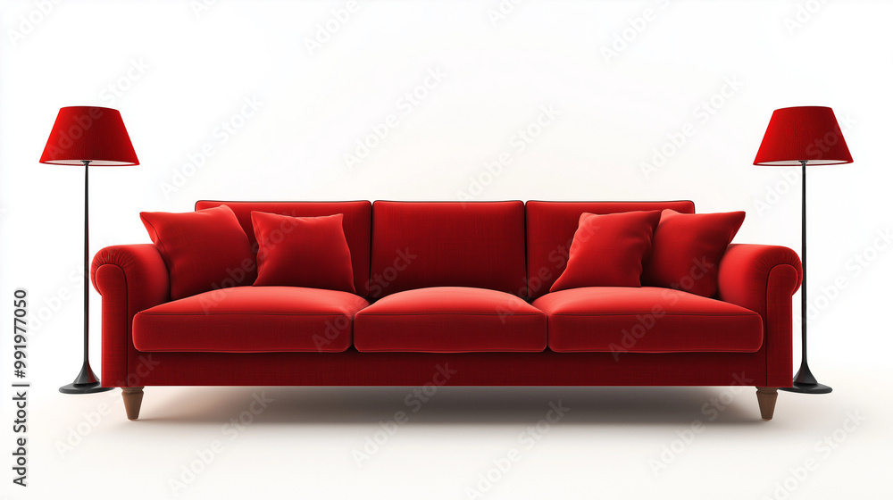 sofa on white background , modern living room interior , red sofa with lamp in the room sofa on white background , modern living room interior , red sofa with lamp in the room