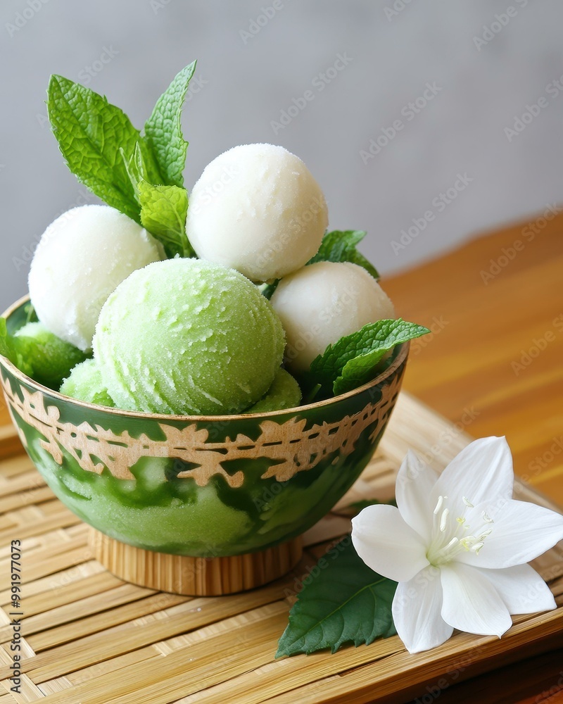 Tropical Vegan Lychee Sorbet Dessert Bowl with Fresh Lychee and Mint on Bamboo Tray