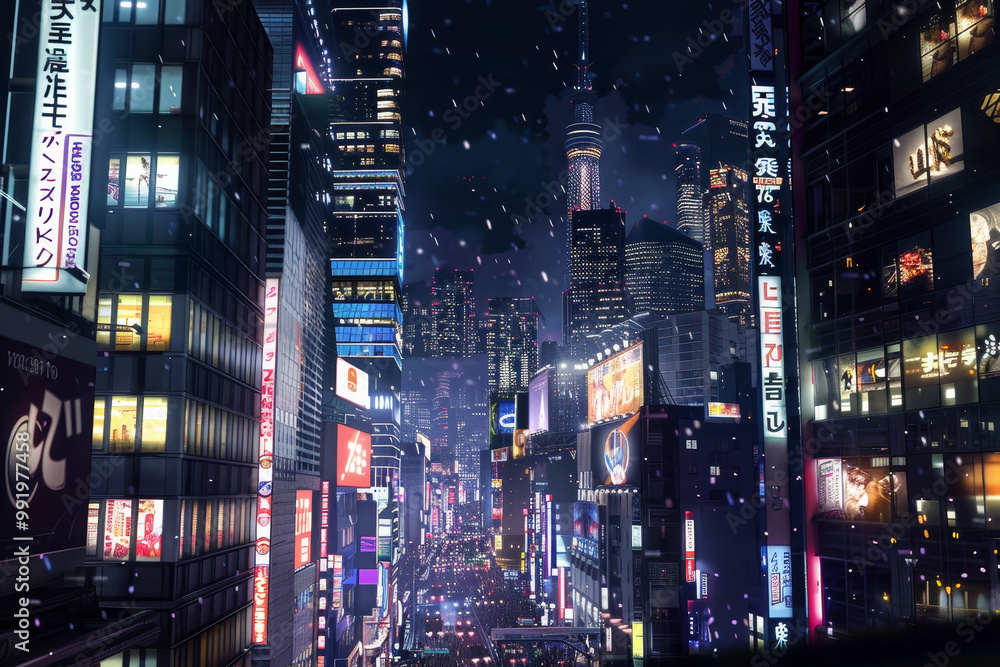 A city street at night with neon signs and a snow covered cityscape A city street at night with neon signs and a snow covered cityscape