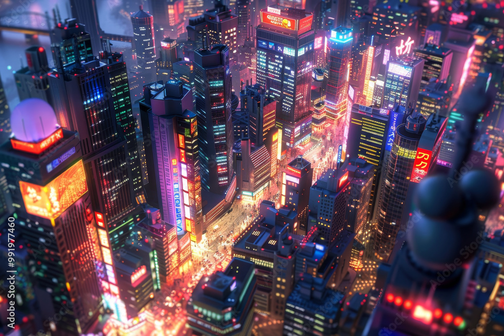 A cityscape with neon lights and signs, including a sign that says A cityscape with neon lights and signs, including a sign that says