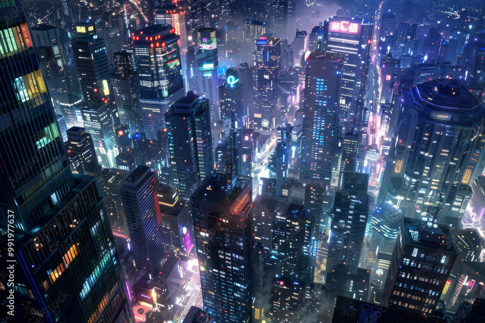 A cityscape with neon lights and a sign for Ace Card A cityscape with neon lights and a sign for Ace Card
