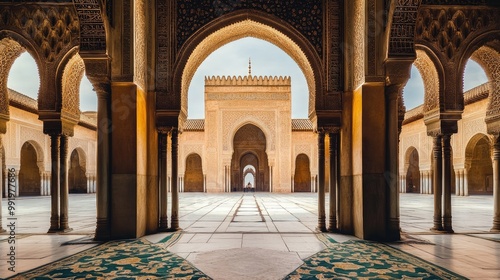 A beautiful mosque with arched doorways and intricate patterns, representing Islamic architecture and the celebration of Ramadan.