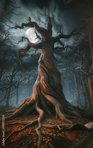 Ancient Twisted Tree with Gnarled Branches Under a Moonlit Sky and Stormy Clouds in a Dark Gothic Forest – Eerie Fantasy Art with Dramatic Lighting and Surreal Atmosphere