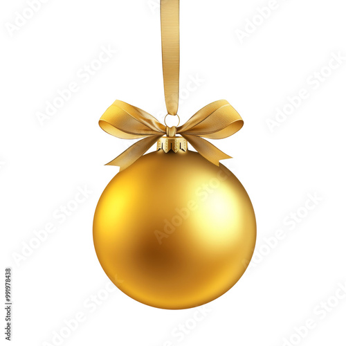 gold Christmas ball with ribbon and a bow, isolated on background. Generative AI