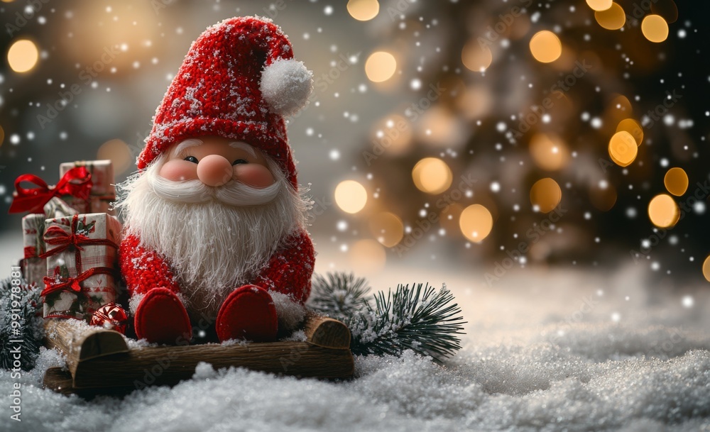 Santa Claus on a small wooden sleigh with gifts. Christmas greeting card. Christmas decoration with Santa Claus toy and gift box on bokeh background. Santa Claus on a small wooden sleigh with gifts. Christmas greeting card. Christmas decoration with Santa Claus toy and gift box on bokeh background.