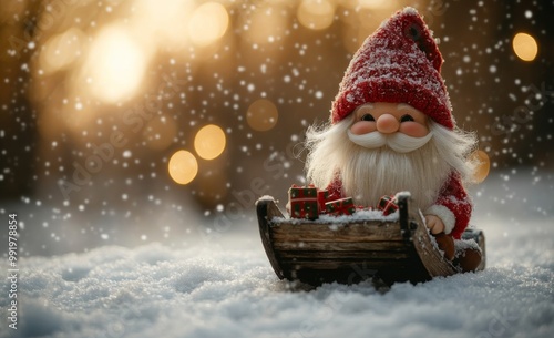 Santa Claus on a small wooden sleigh with gifts. Christmas greeting card. Christmas decoration with Santa Claus toy and gift box on bokeh background.