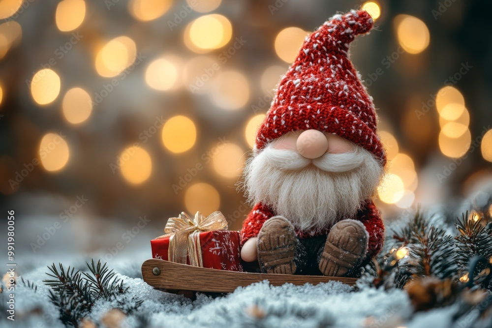 Obraz premium Santa Claus on a small wooden sleigh with gifts. Christmas greeting card. Christmas decoration with Santa Claus toy and gift box on bokeh background.