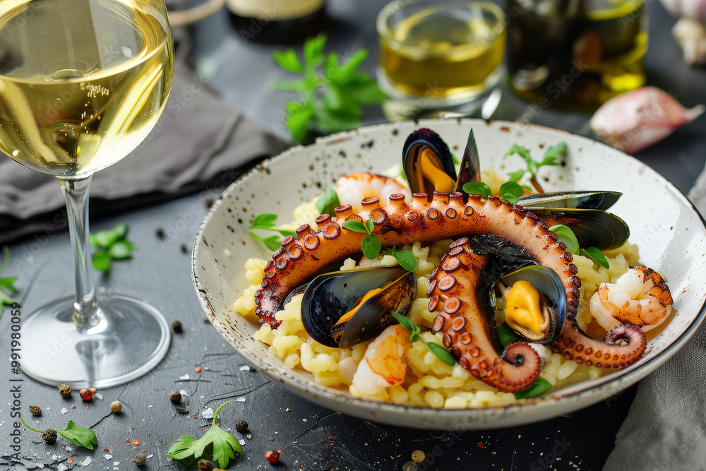 A plate of food with a glass of wine on a table A plate of food with a glass of wine on a table