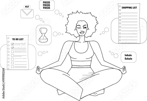 Illustration femme noire méditation concentration pensées charge mentale listes à faire lignes vecteur
