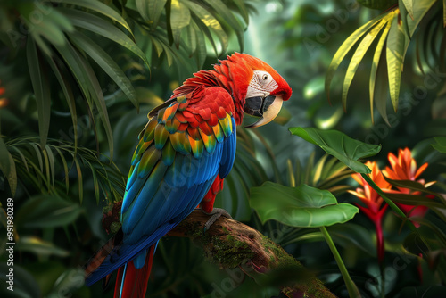 Wallpaper Mural A colorful parrot is perched on a branch in a lush green jungle Torontodigital.ca