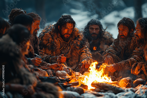 A Neolithic tribe gathering around a communal fire during the winter solstice, sharing stories and food as a precursor to Christmas traditions. Concept of early winter celebrations. photo