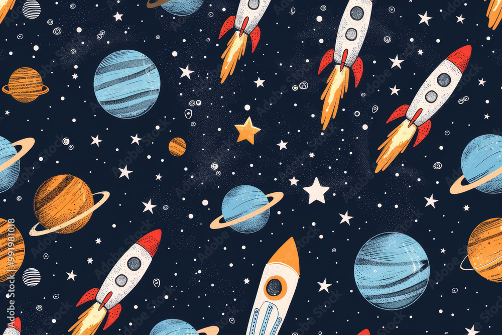A colorful space scene with planets and rockets A colorful space scene with planets and rockets