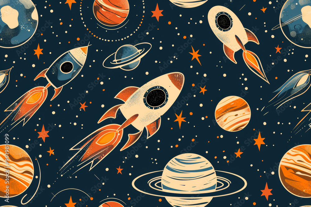 A colorful space scene with planets and rockets A colorful space scene with planets and rockets