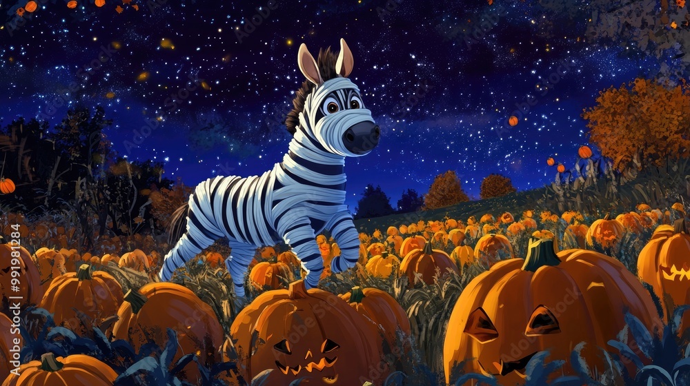 Fototapeta premium A cheerful cartoon zebra dressed as a mummy, galloping through a pumpkin patch under a starry Halloween sky.