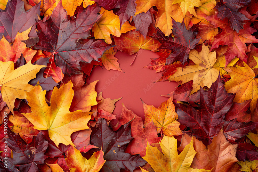 A pile of autumn leaves with a red background A pile of autumn leaves with a red background