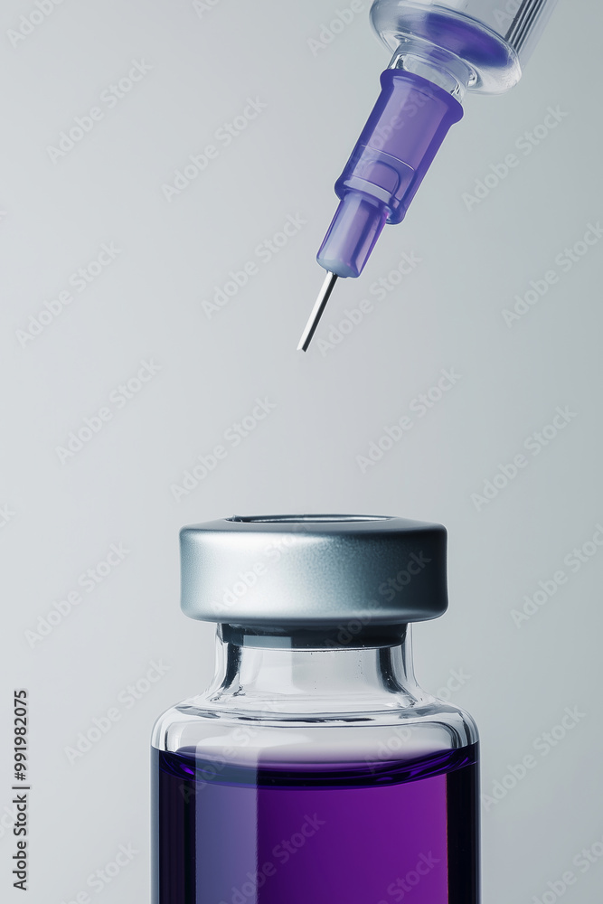 A close-up view of a glass vial with a purple substance being prepared for a medical procedure A close-up view of a glass vial with a purple substance being prepared for a medical procedure