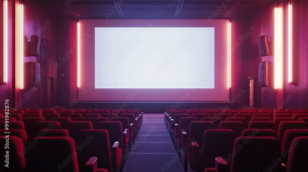A deserted cinema hall with clean, red seats and a vast blank screen, awaiting the next screening, illuminated by soft lighting. A deserted cinema hall with clean, red seats and a vast blank screen, awaiting the next screening, illuminated by soft lighting.