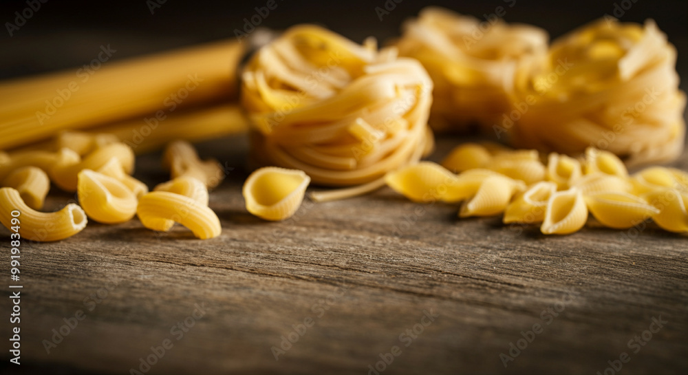 Pasta varieties arranged on wooden table showcasing texture and color perfect for culinary presentations and food photography Pasta varieties arranged on wooden table showcasing texture and color perfect for culinary presentations and food photography