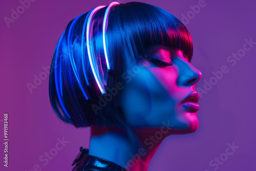 A woman with neon hair and a purple background