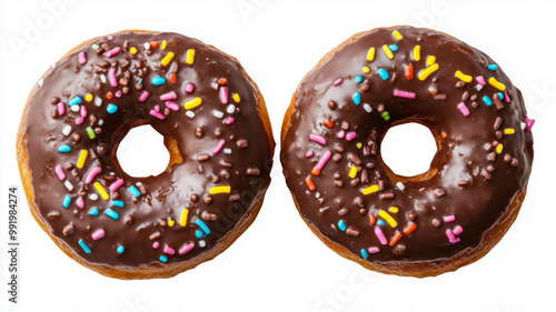 Delicious chocolate donuts topped with colorful sprinkles viewed from above, perfect for a sweet treat any time of day