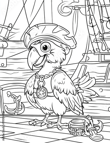 A mischievous pirate parrot ready for adventure on a whimsical treasure-filled ship awaits your colorful touch