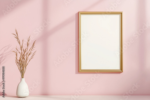 Mockup of Gold Frame on Pastel Wall