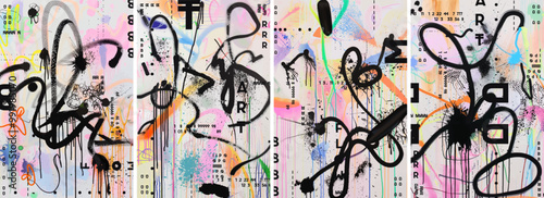 A series of abstract posters with graffiti lettering on a colorful background. The colors include black ink outlines against a backdrop filled with colorful spray paint drips and splatters.