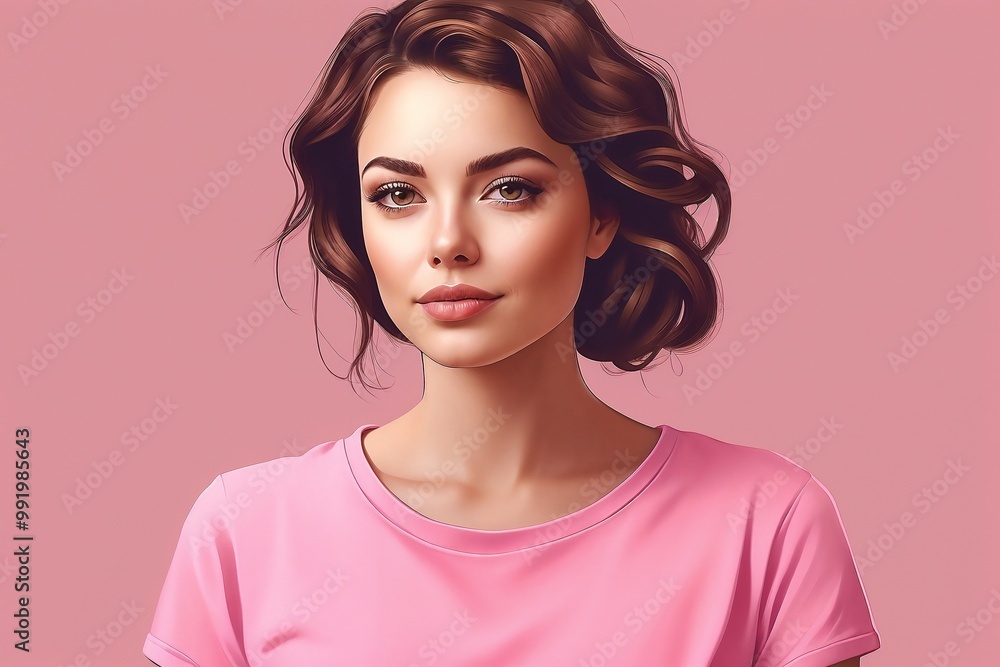 Middle-Aged Woman in Pink T-Shirt, Portrait Against Pink Background Middle-Aged Woman in Pink T-Shirt, Portrait Against Pink Background