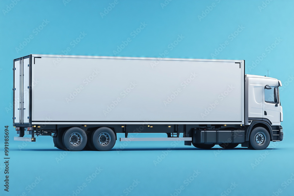 A sleek long transportation trailer truck body elegantly displayed against a vibrant blue backdrop during bright daylight hours A sleek long transportation trailer truck body elegantly displayed against a vibrant blue backdrop during bright daylight hours