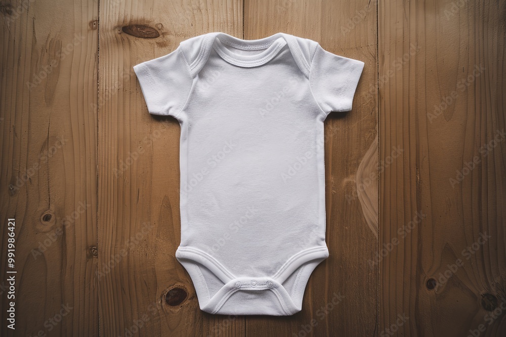 Blank Baby Bodysuit on Wooden Background. Blank Baby Bodysuit on Wooden Background.