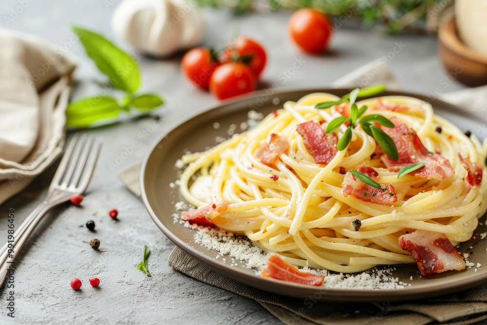 A plate of spaghetti with bacon and cheese on top A plate of spaghetti with bacon and cheese on top