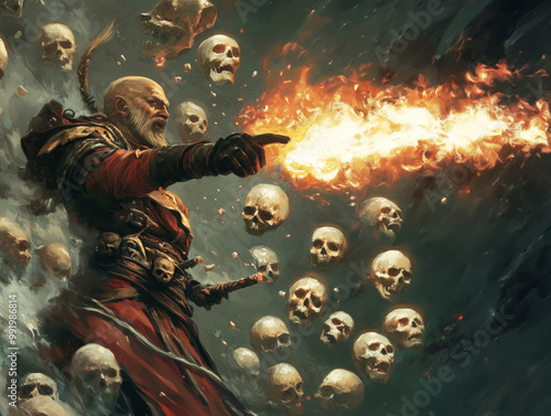 A sorcerer unleashes a fiery spell against a swarm of flying skulls in a mystical realm at twilight photo