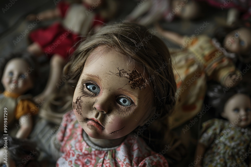 A doll with a face covered in dirt and a creepy expression A doll with a face covered in dirt and a creepy expression