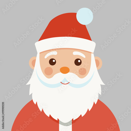 Cheerful cartoon Santa Claus face with rosy cheeks against light blue background