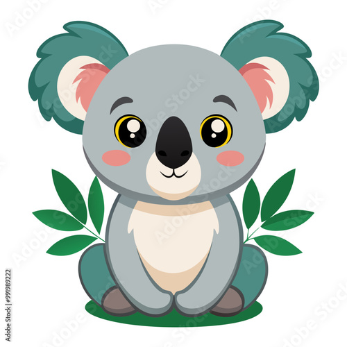 Adorable cartoon koala with big eyes sitting contentedly against leafy background photo