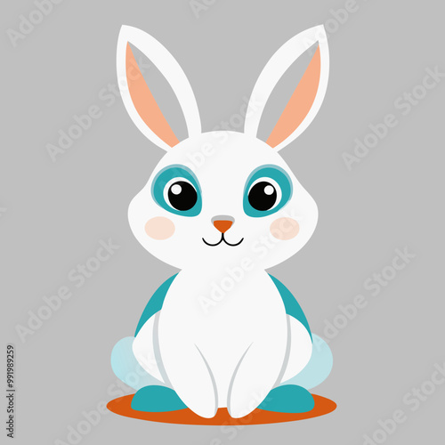 Adorable cartoon white bunny with big eyes sitting contentedly