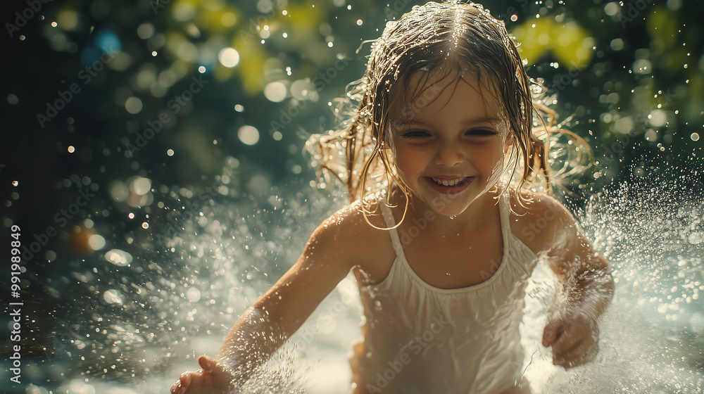 Obraz premium Girl Running Through Sprinkler