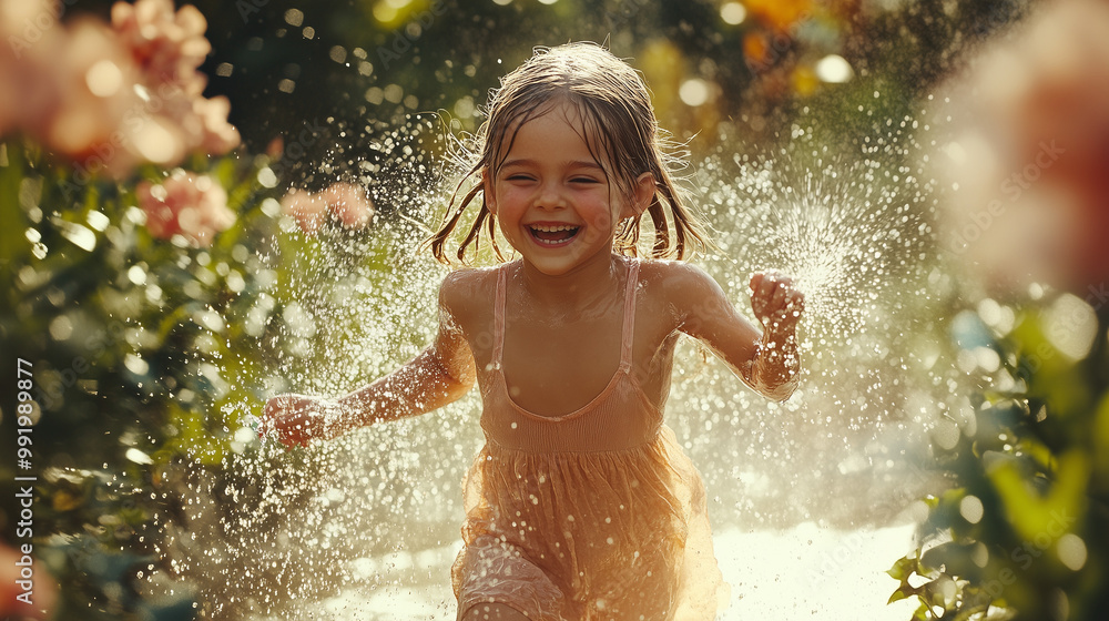 Obraz premium Girl Running Through Sprinkler