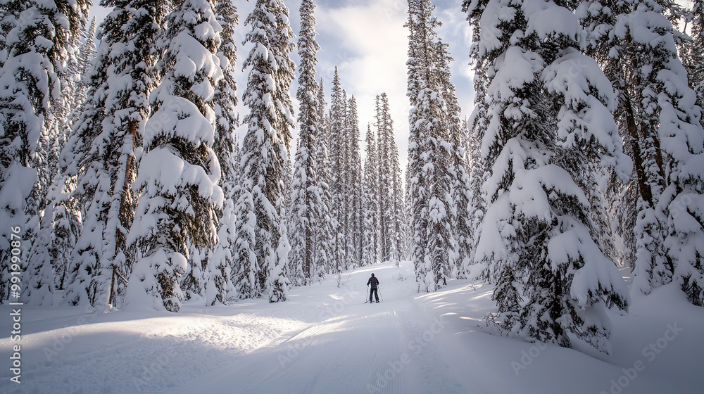 Fototapeta premium Solitary Skier on Snowy Trail
