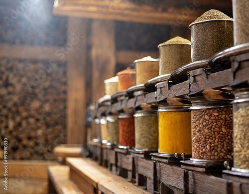 Traditional spice racks with depth of field featuring assorted spices and cultural heritage photo