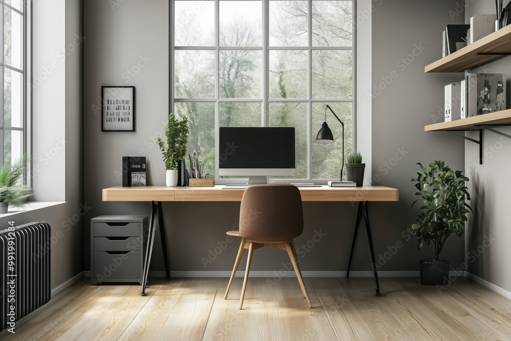 Minimalist home office with wooden desk and large window view Minimalist home office with wooden desk and large window view